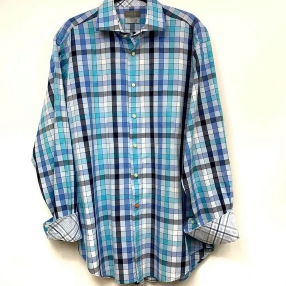 Thomas Dean Plaid Check Flip Cuff Button Down Shirt Size XL